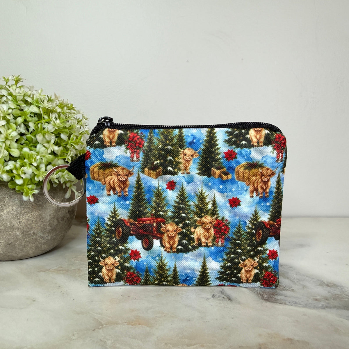 Mini Pouch - Christmas Winter - Highland Cow Blue Trees