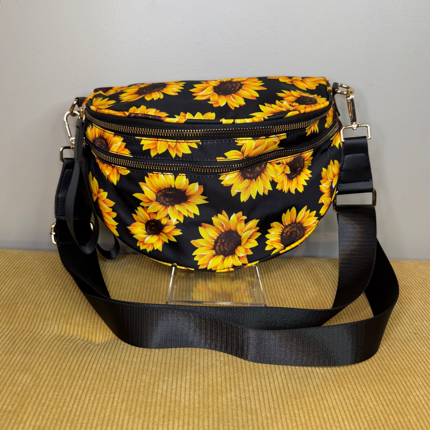 The Roni Nylon Crossbody - Floral Yellow Sunflower on Black