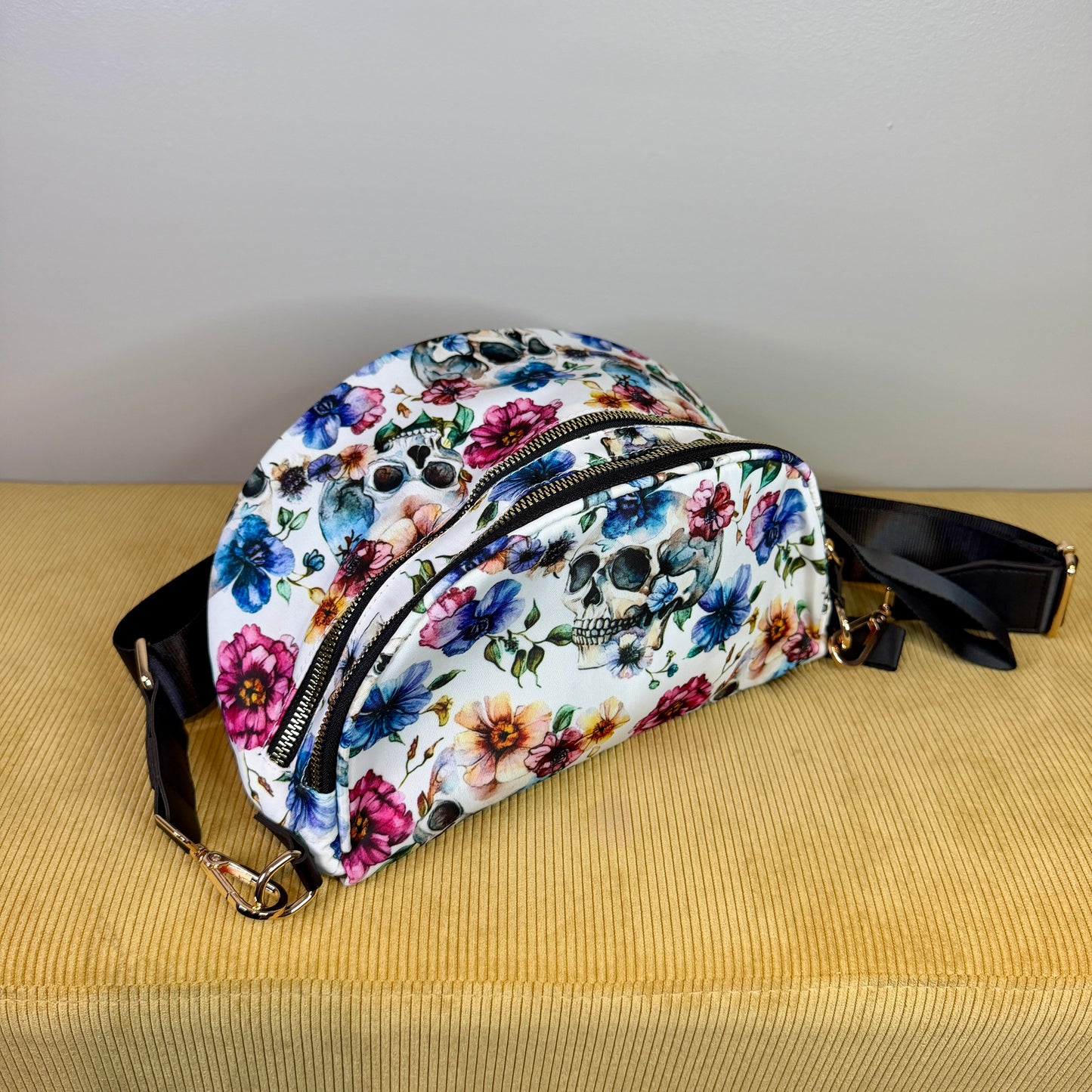 The Roni Nylon Crossbody - Halloween Fall Skull Floral on White