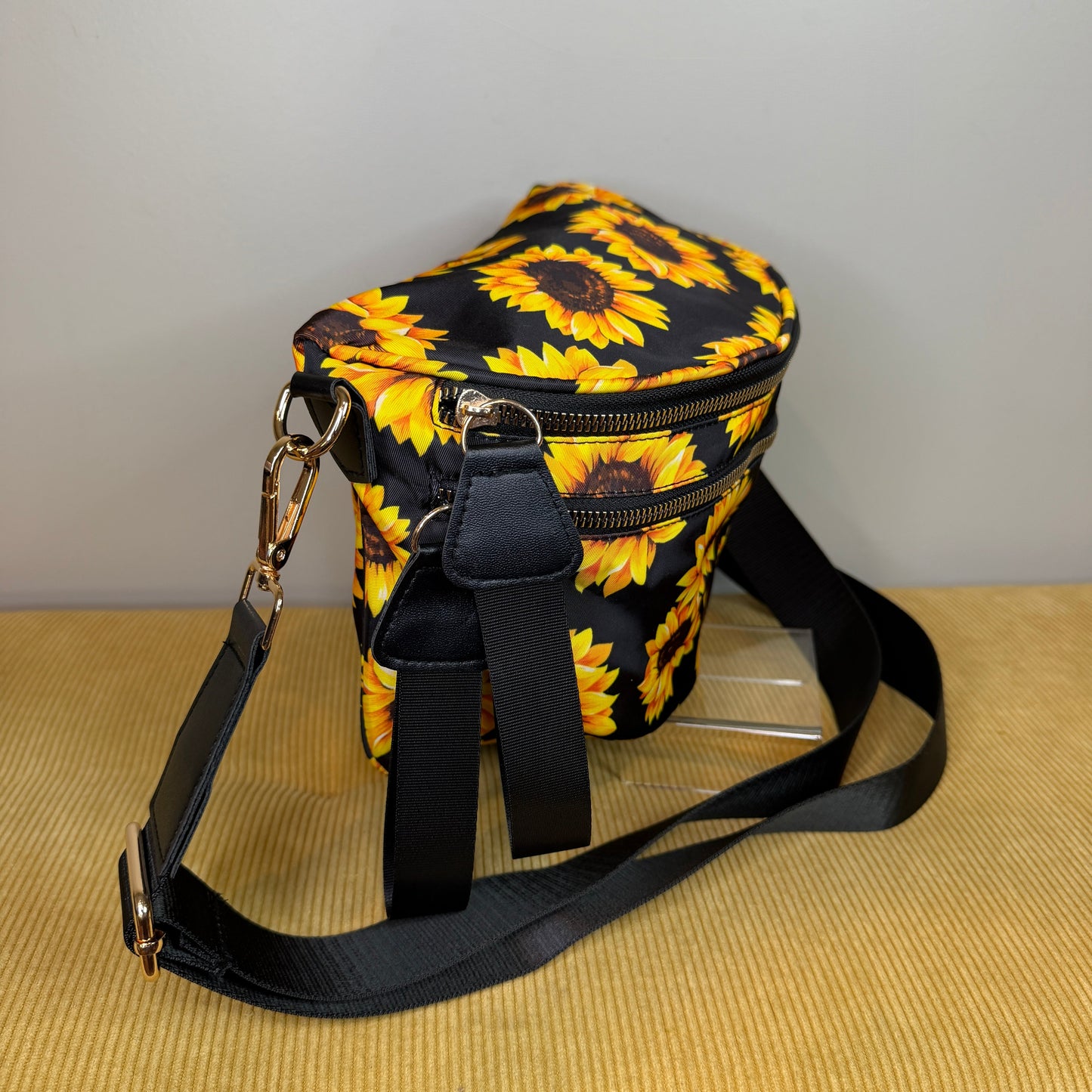 The Roni Nylon Crossbody - Floral Yellow Sunflower on Black