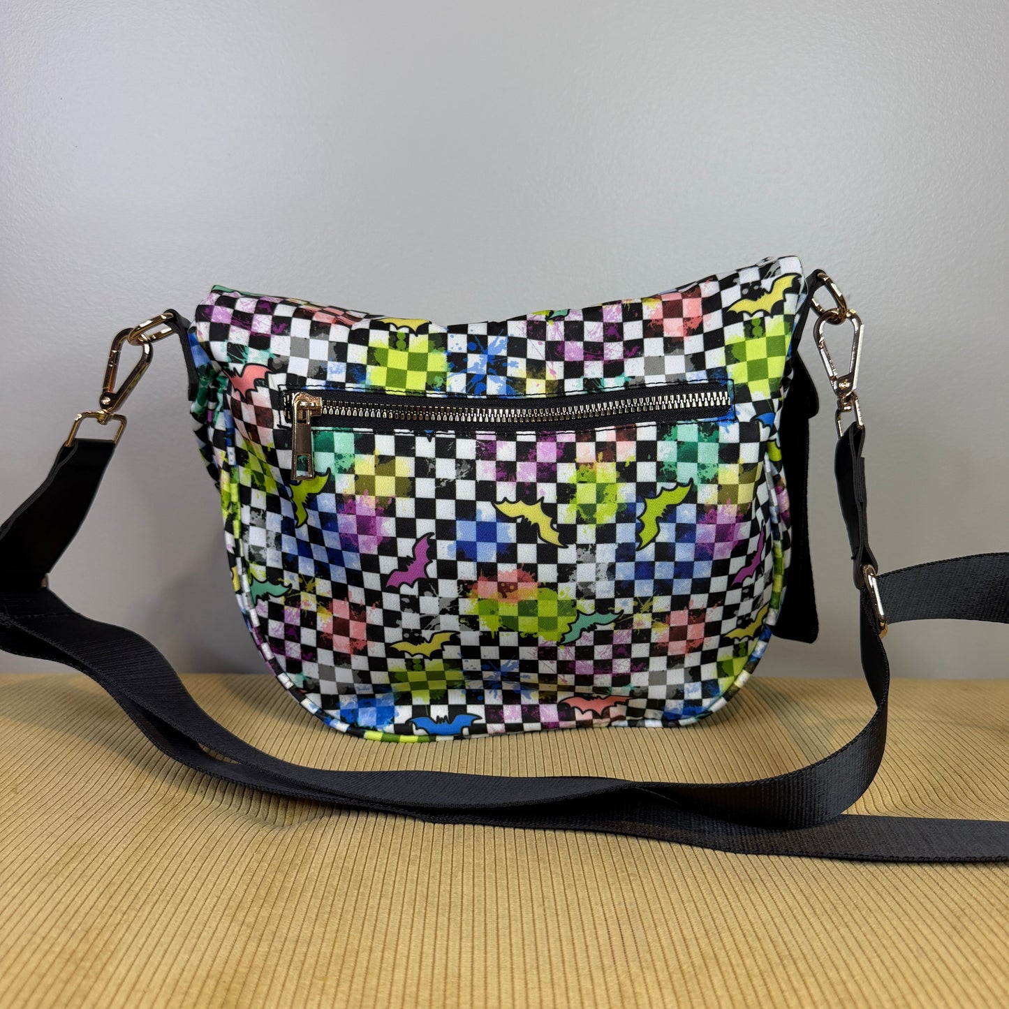 The Roni Nylon Crossbody - Halloween Fall Rainbow Bat Checker