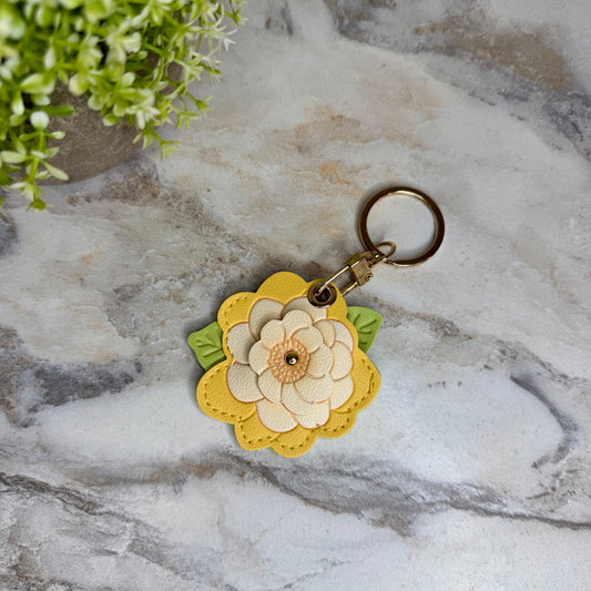Keychain - Faux Leather - Yellow Flower