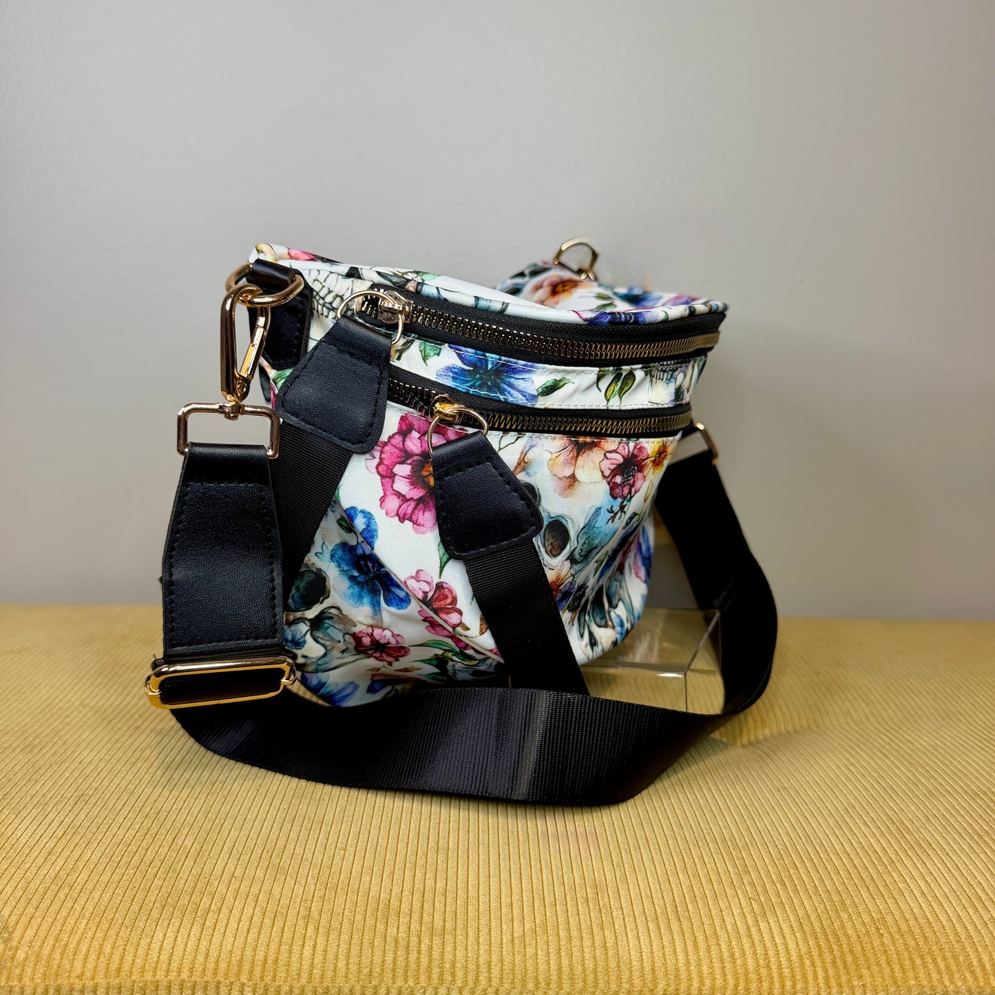 The Roni Nylon Crossbody - Halloween Fall Skull Floral on White