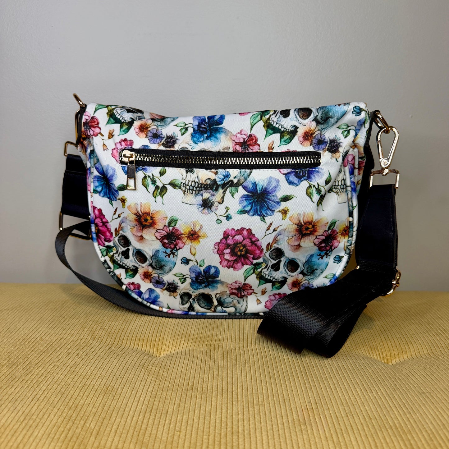 The Roni Nylon Crossbody - Halloween Fall Skull Floral on White