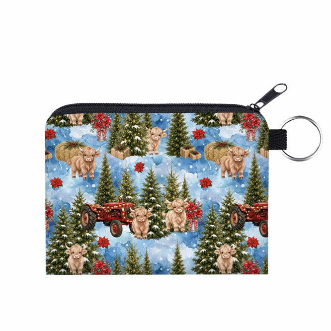 Mini Pouch - Christmas Winter - Highland Cow Blue Trees