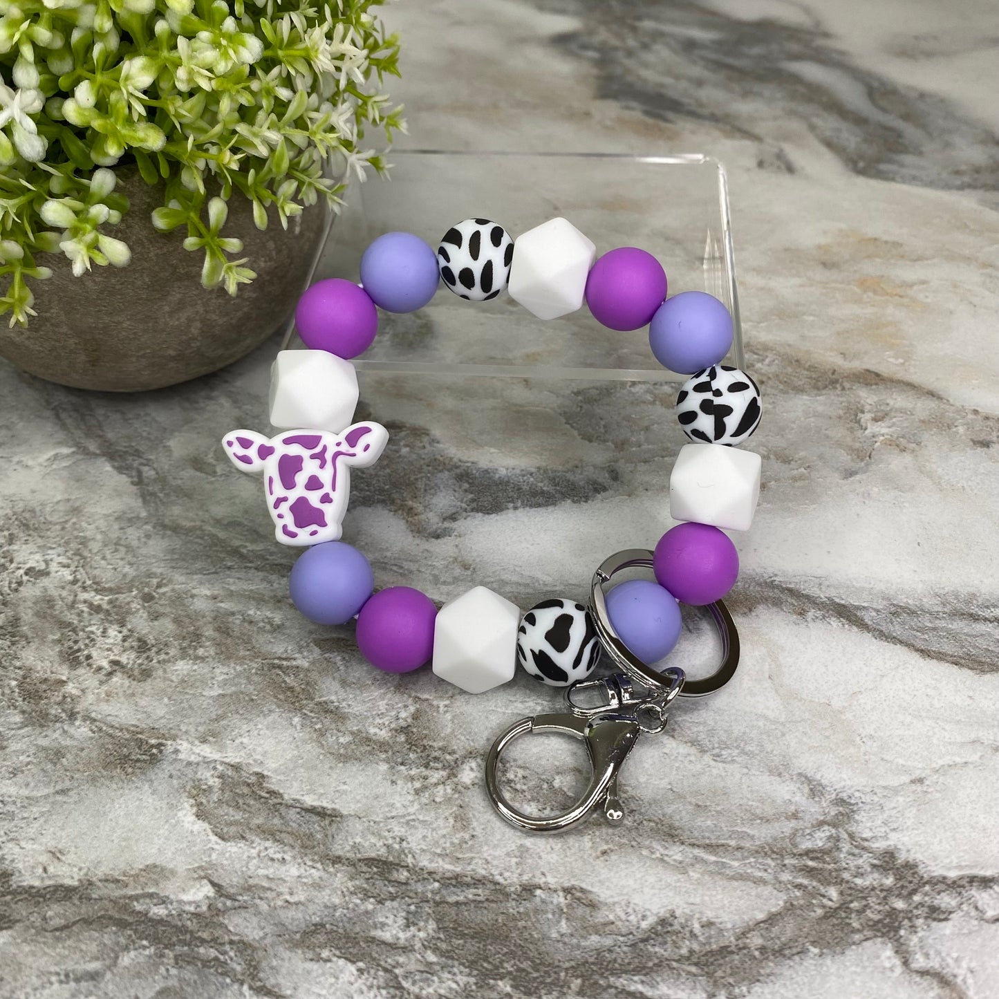 Silicone Bead Bracelet Keychain - Cow Designs